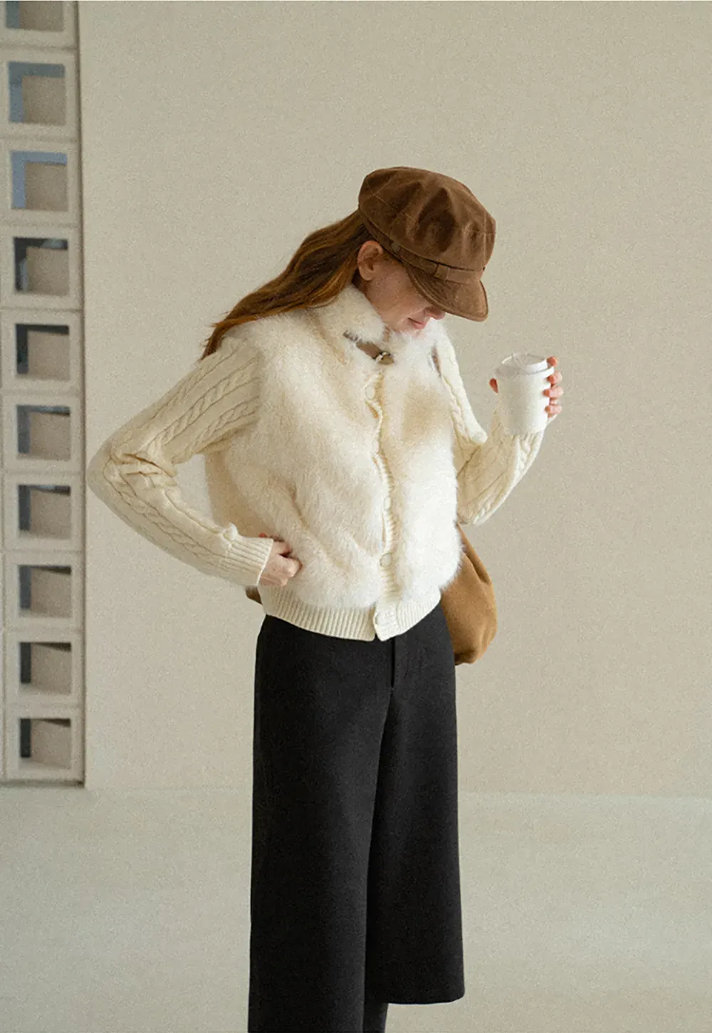 Cable Knit Cropped Cardigan with Faux Fur Collar