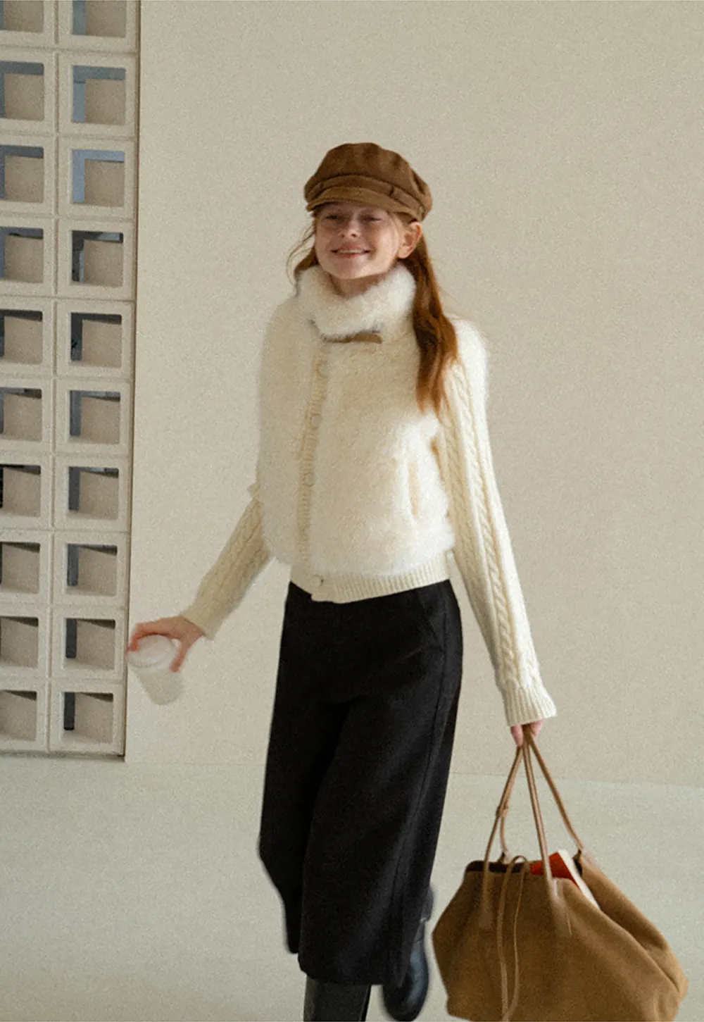 Cable Knit Cropped Cardigan with Faux Fur Collar