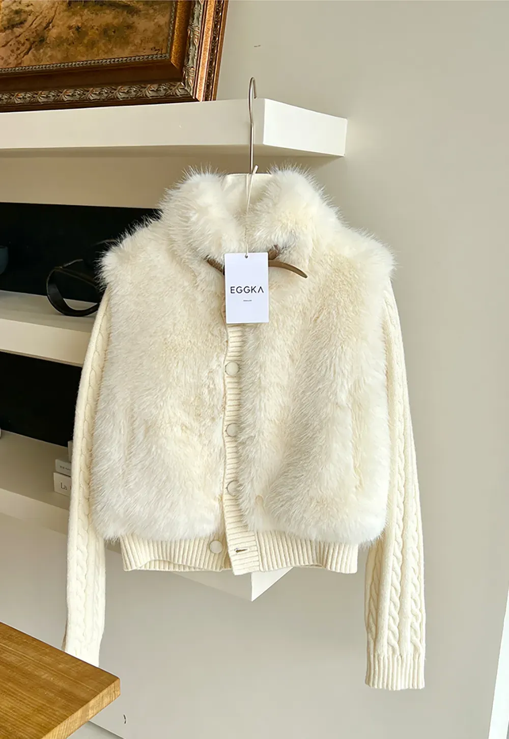 Cable Knit Cropped Cardigan with Faux Fur Collar