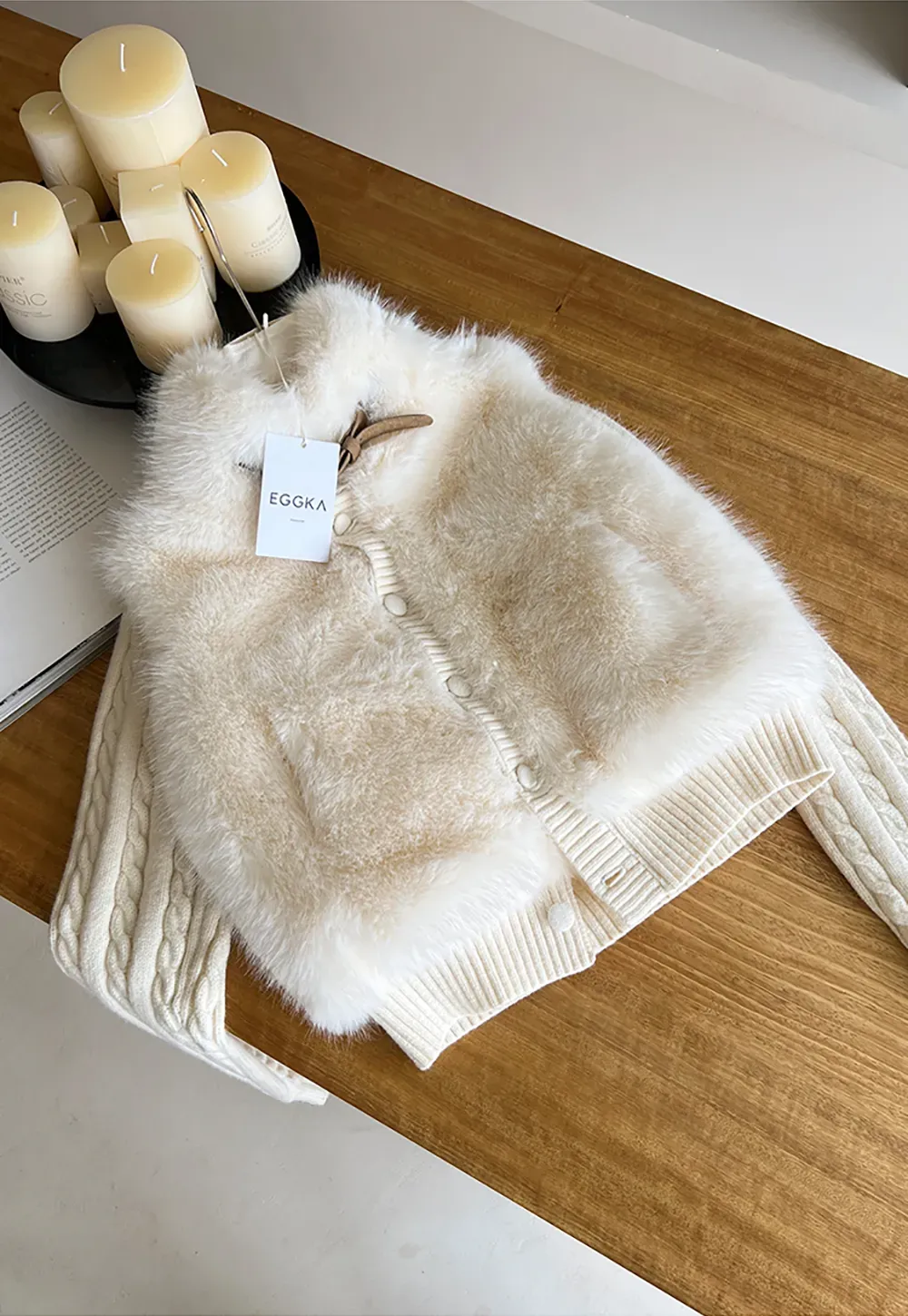 Cable Knit Cropped Cardigan with Faux Fur Collar