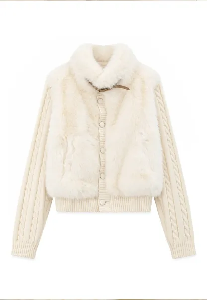 Cable Knit Cropped Cardigan with Faux Fur Collar