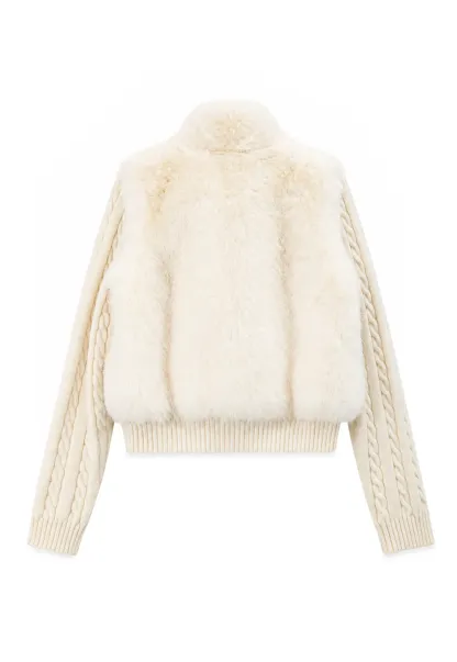 Cable Knit Cropped Cardigan with Faux Fur Collar