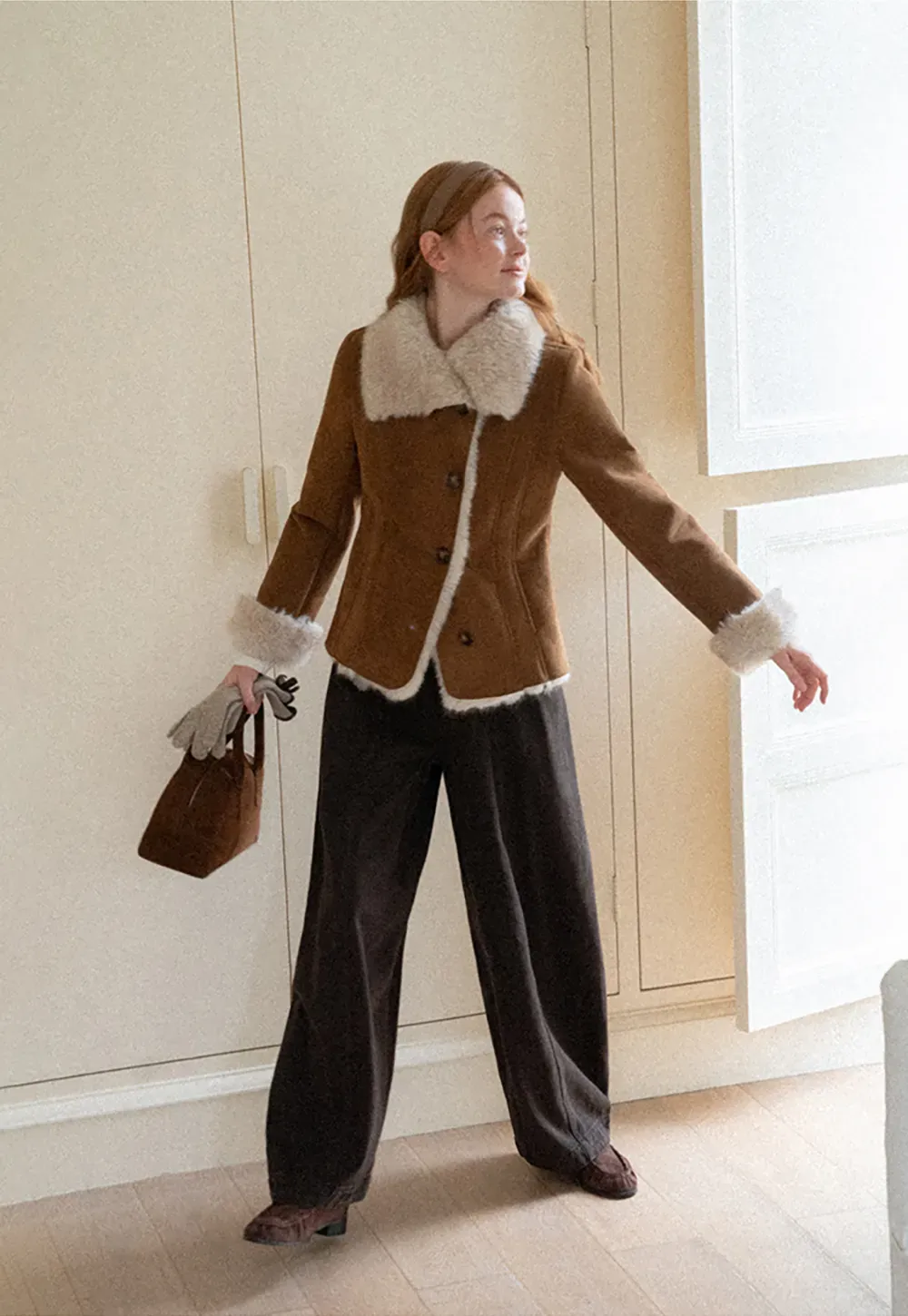 Shearling Trim Collar and Cuffs Short Jacket