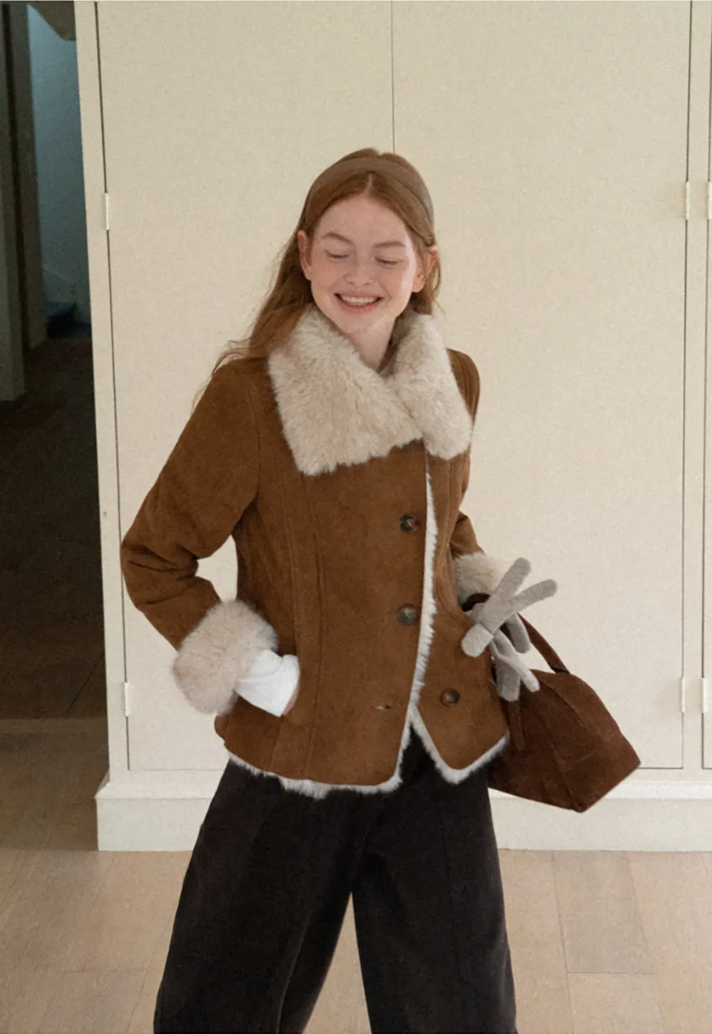 Shearling Trim Collar and Cuffs Short Jacket