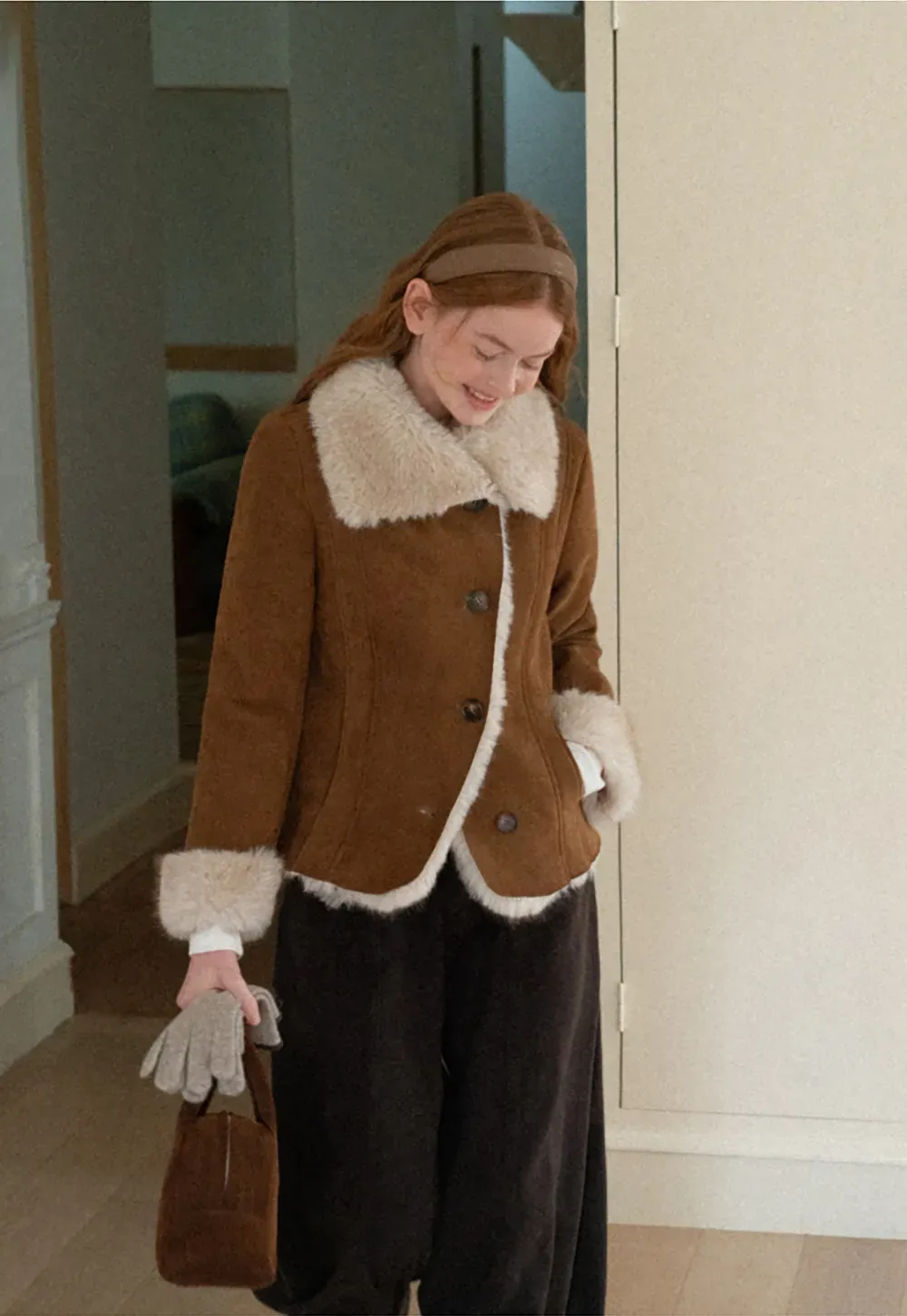 Shearling Trim Collar and Cuffs Short Jacket