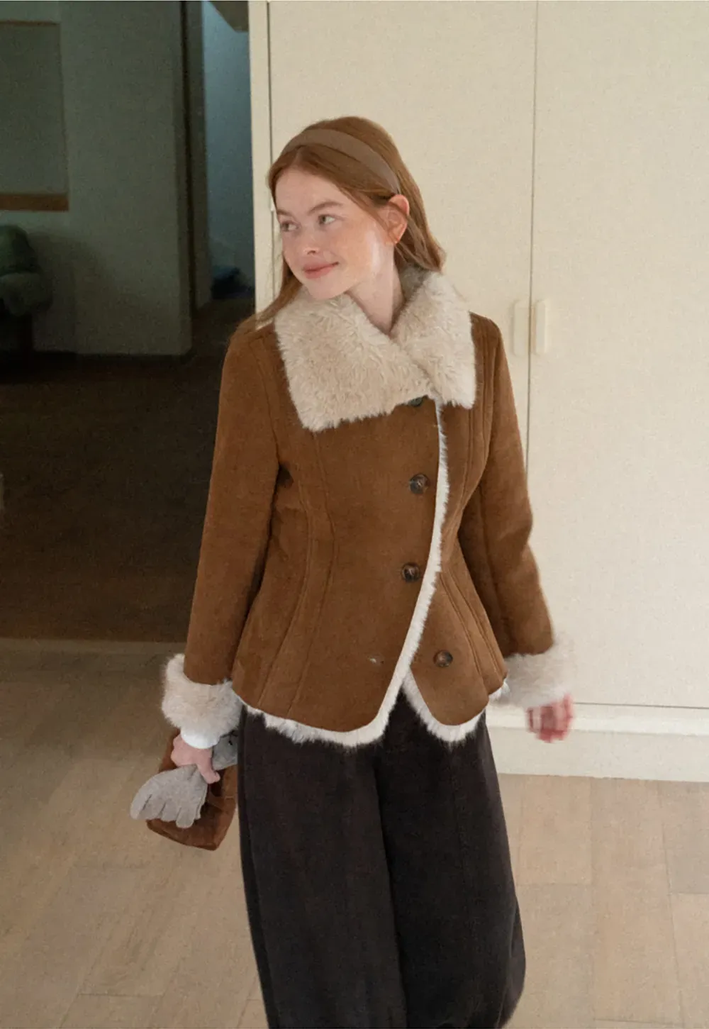 Shearling Trim Collar and Cuffs Short Jacket