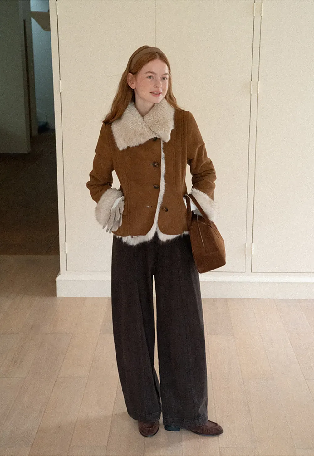Shearling Trim Collar and Cuffs Short Jacket