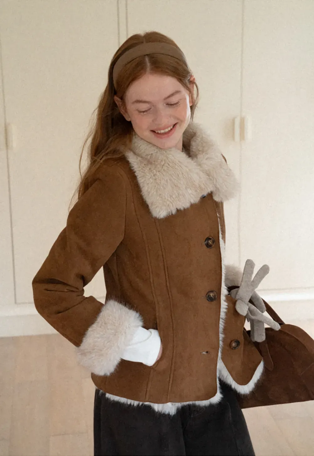 Shearling Trim Collar and Cuffs Short Jacket