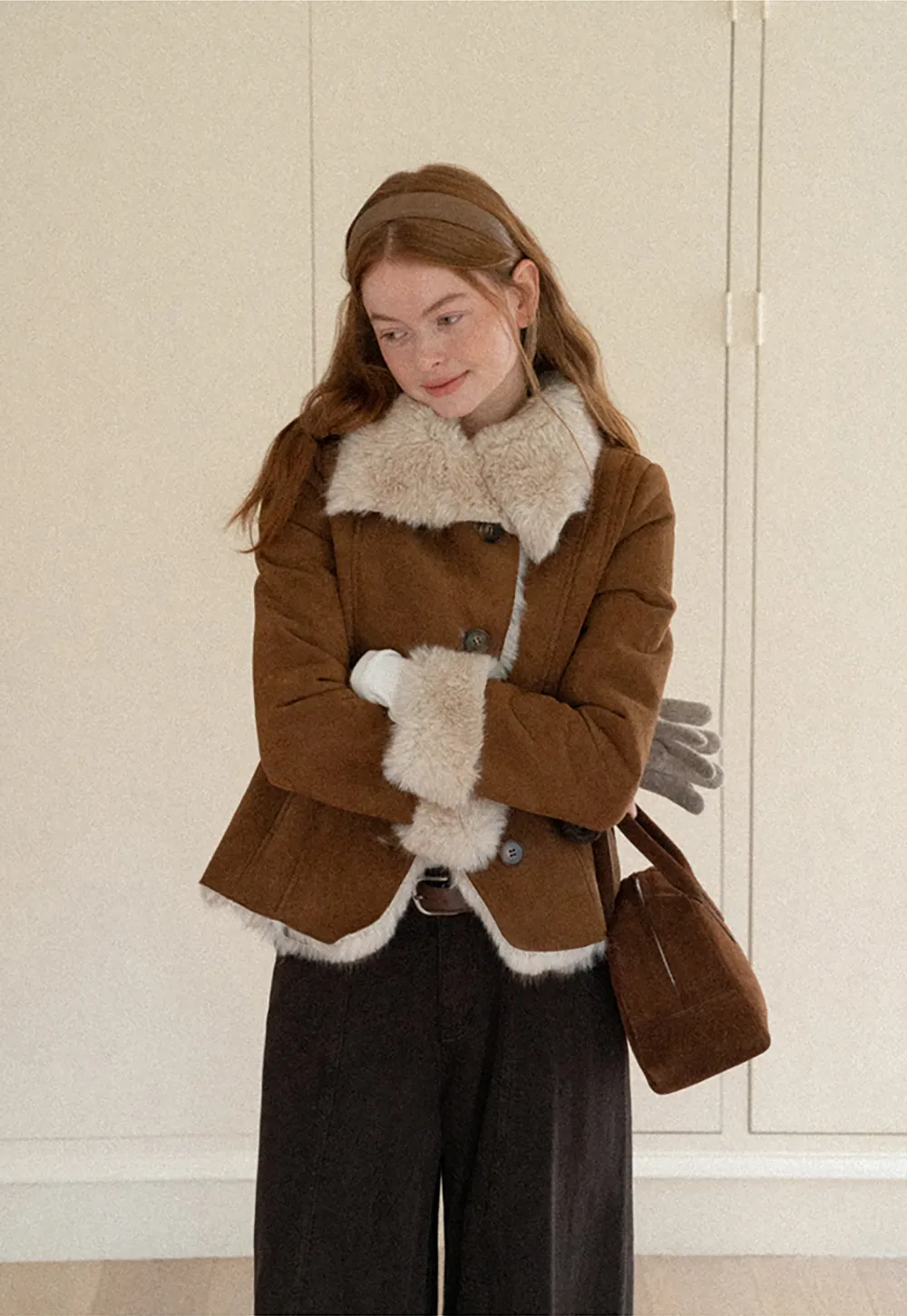 Shearling Trim Collar and Cuffs Short Jacket