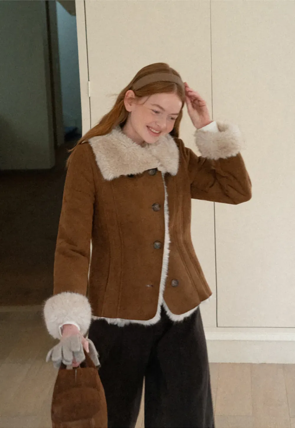 Shearling Trim Collar and Cuffs Short Jacket