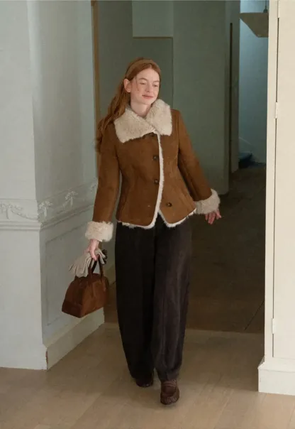 Shearling Trim Collar and Cuffs Short Jacket