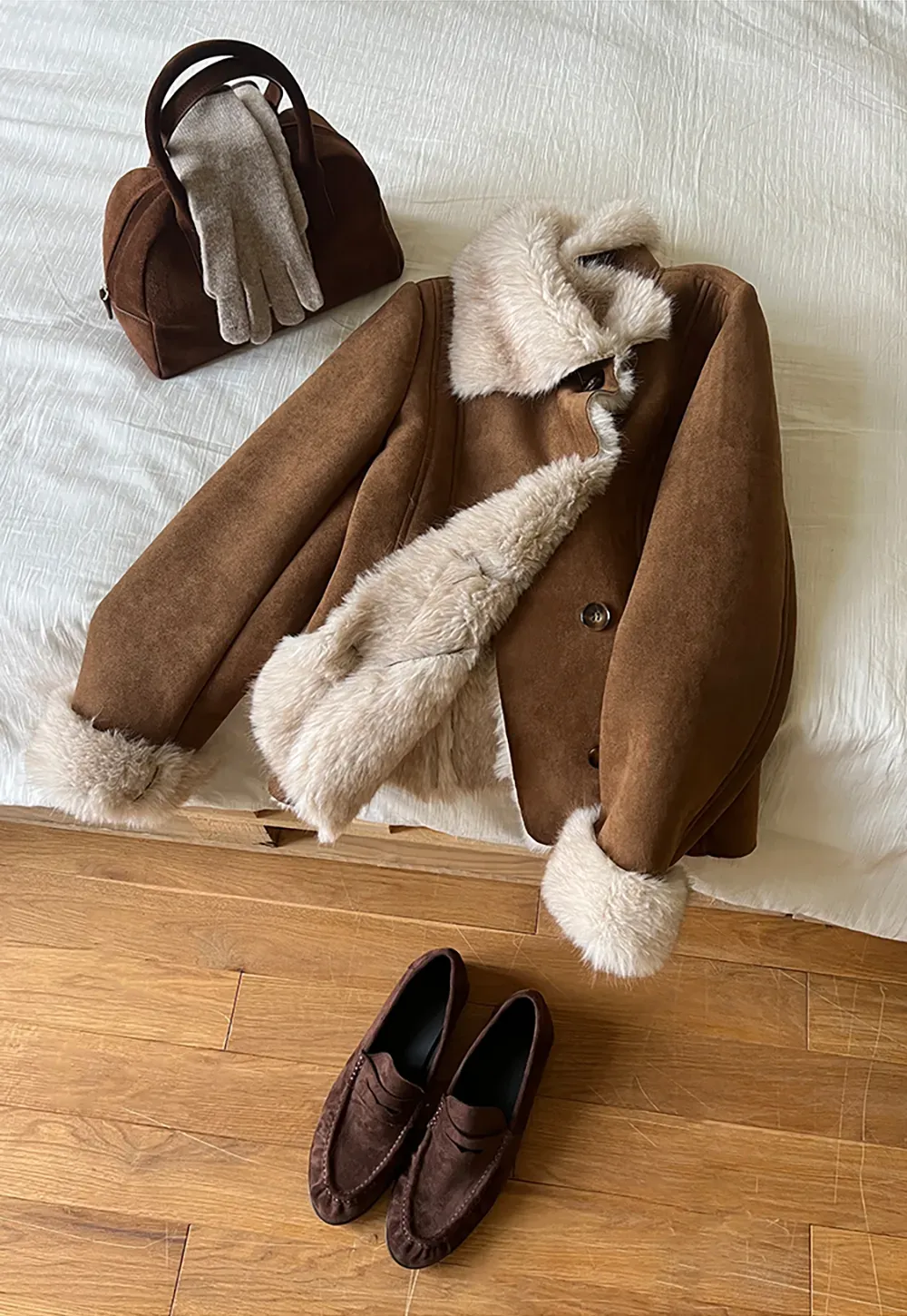 Shearling Trim Collar and Cuffs Short Jacket