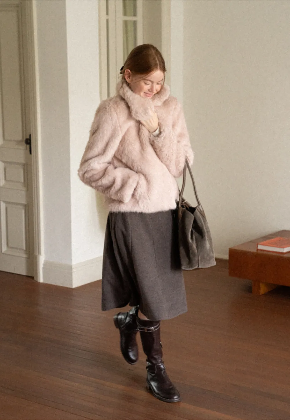 Faux Fur Turtleneck Cropped Short Jacket