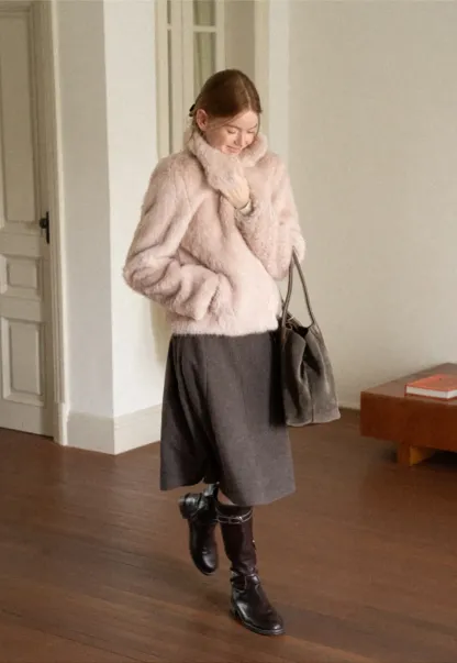 Faux Fur Turtleneck Cropped Short Jacket