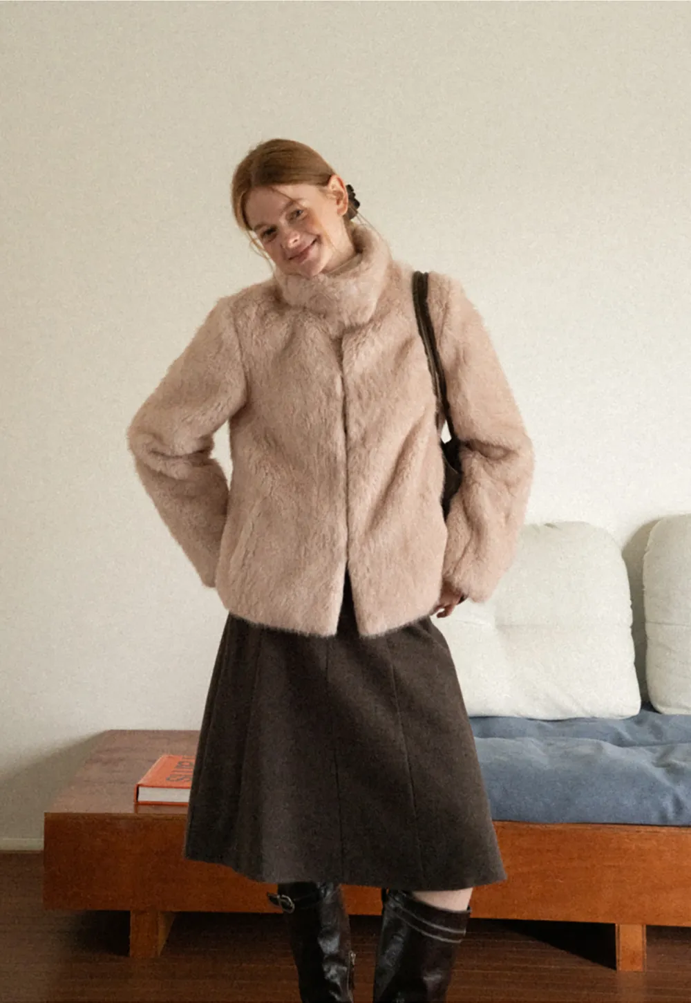 Faux Fur Turtleneck Cropped Short Jacket