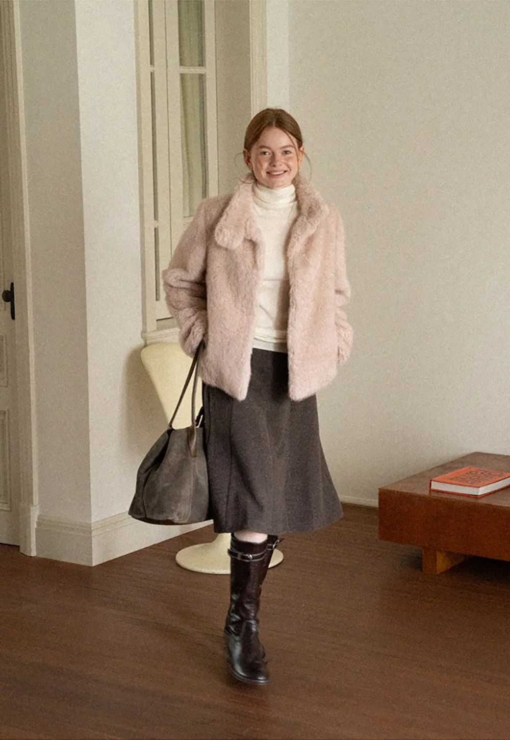 Faux Fur Turtleneck Cropped Short Jacket