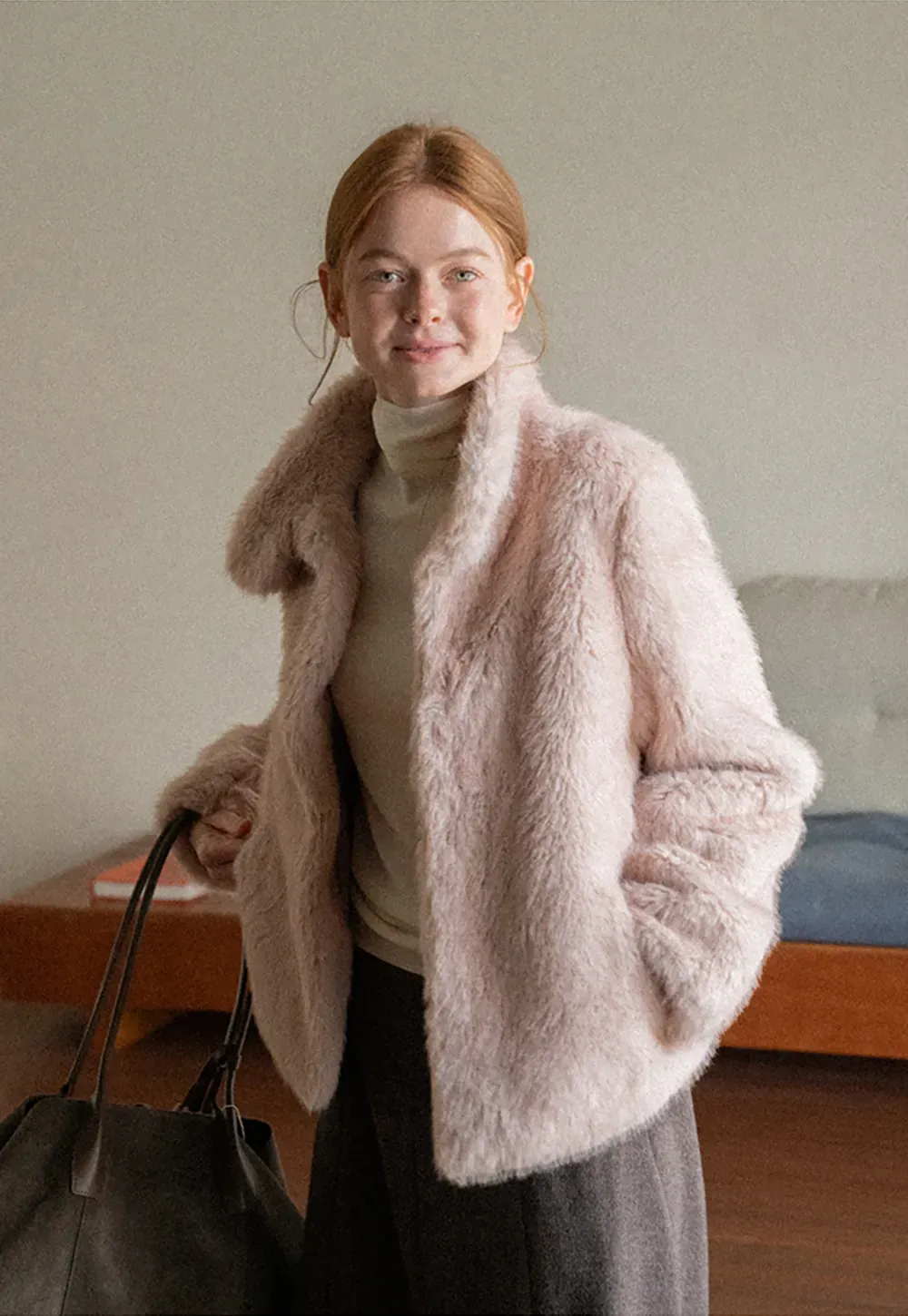 Faux Fur Turtleneck Cropped Short Jacket