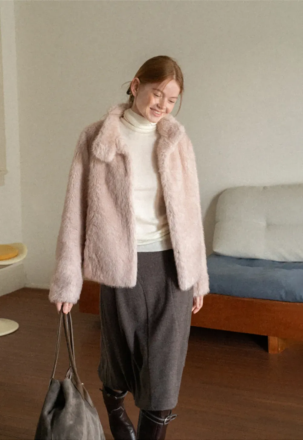Faux Fur Turtleneck Cropped Short Jacket