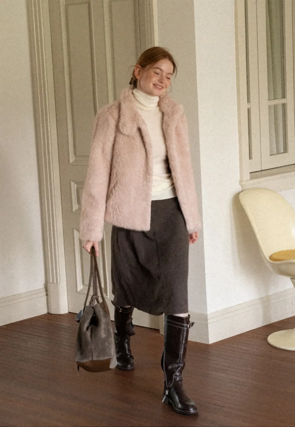 Faux Fur Turtleneck Cropped Short Jacket