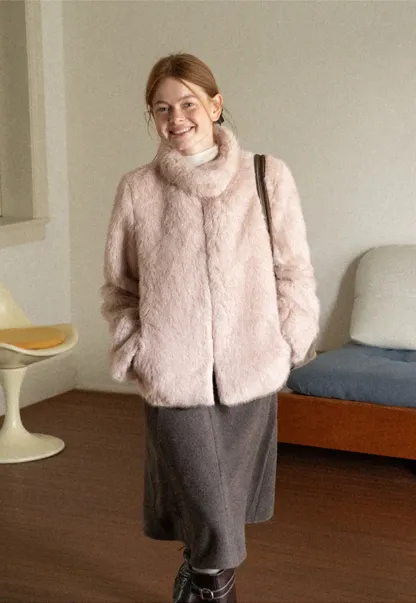 Faux Fur Turtleneck Cropped Short Jacket