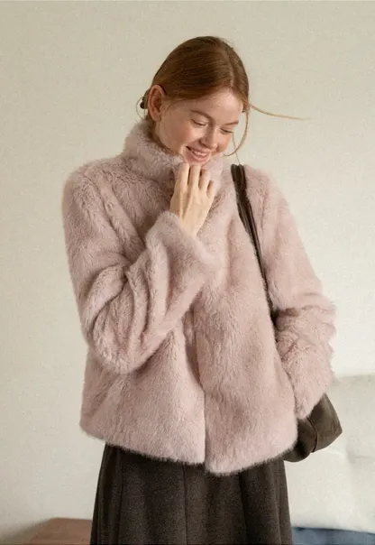 Faux Fur Turtleneck Cropped Short Jacket