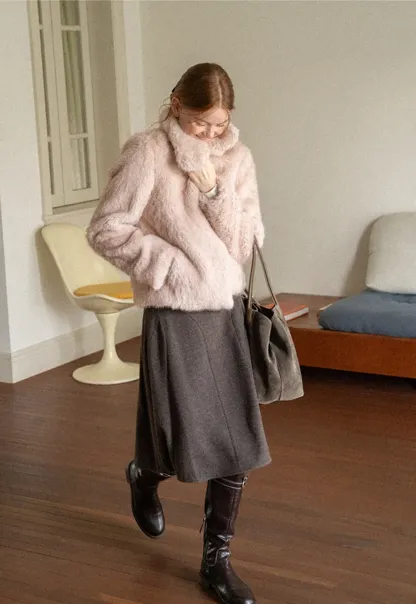 Faux Fur Turtleneck Cropped Short Jacket