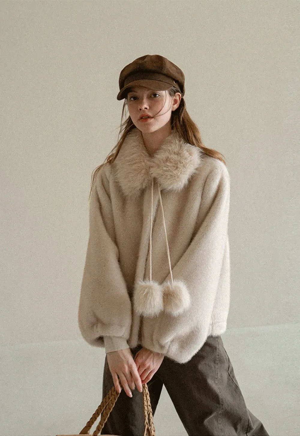 Faux Fur Collar Oversized Short Jacket