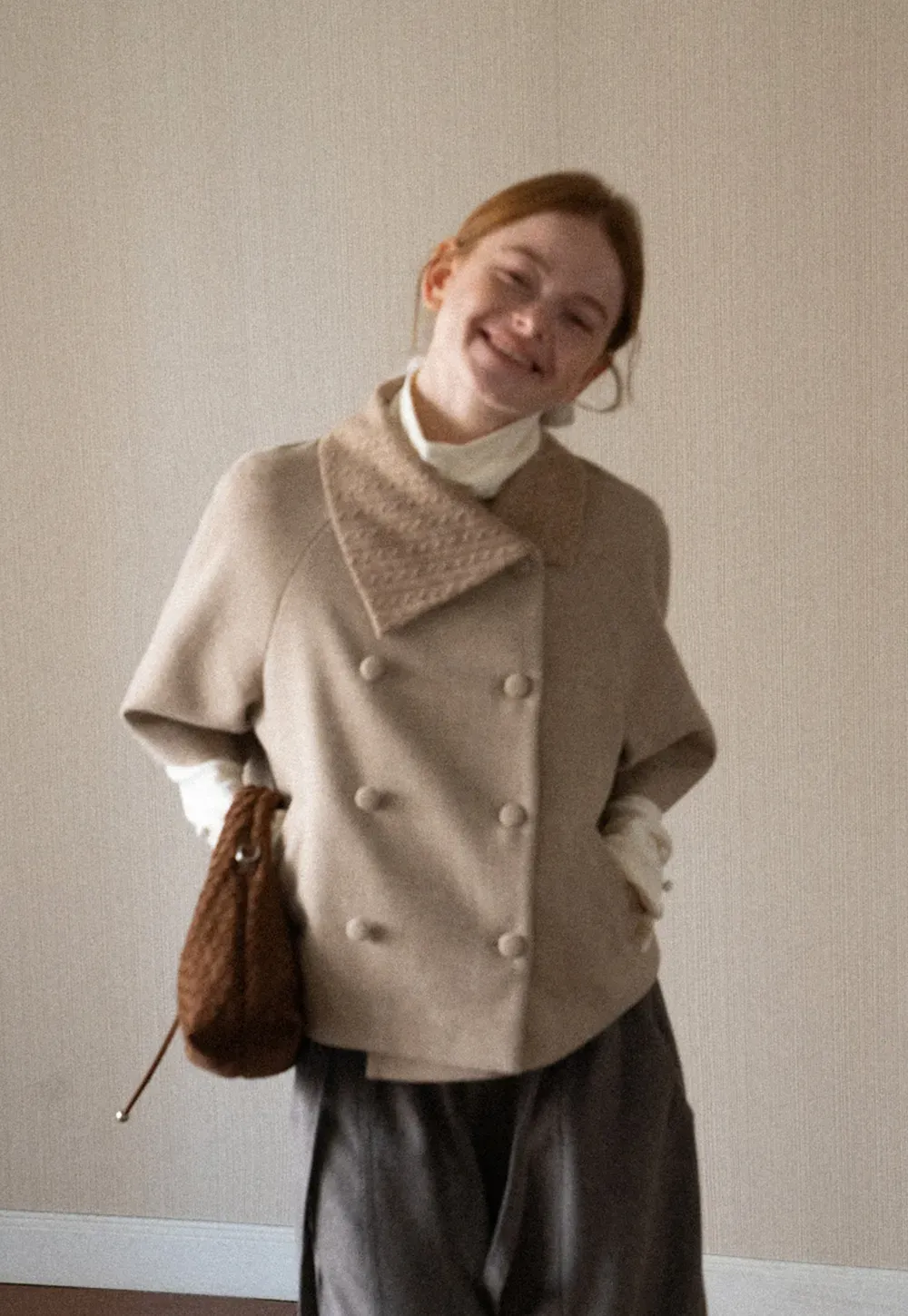 Textured Collar Double Breasted Short Jacket