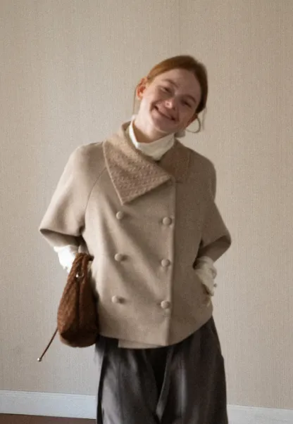 Textured Collar Double Breasted Short Jacket