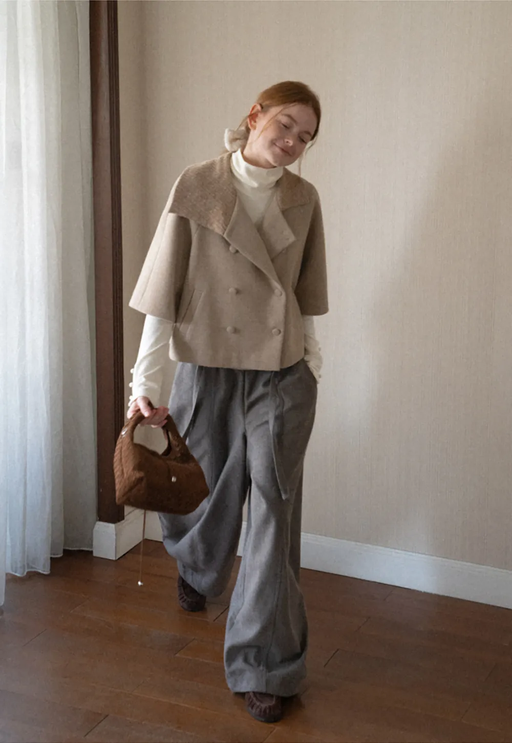 Textured Collar Double Breasted Short Jacket