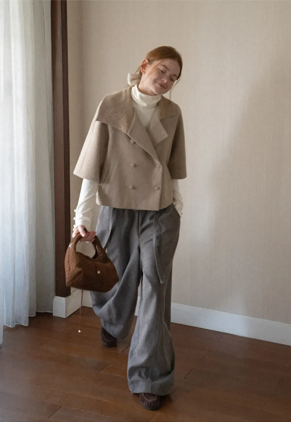 Textured Collar Double Breasted Short Jacket