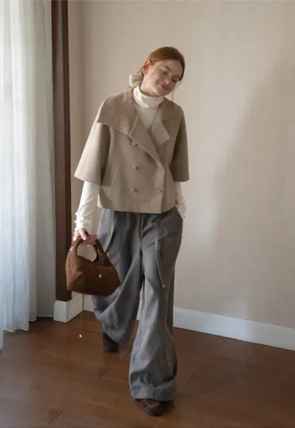 Textured Collar Double Breasted Short Jacket