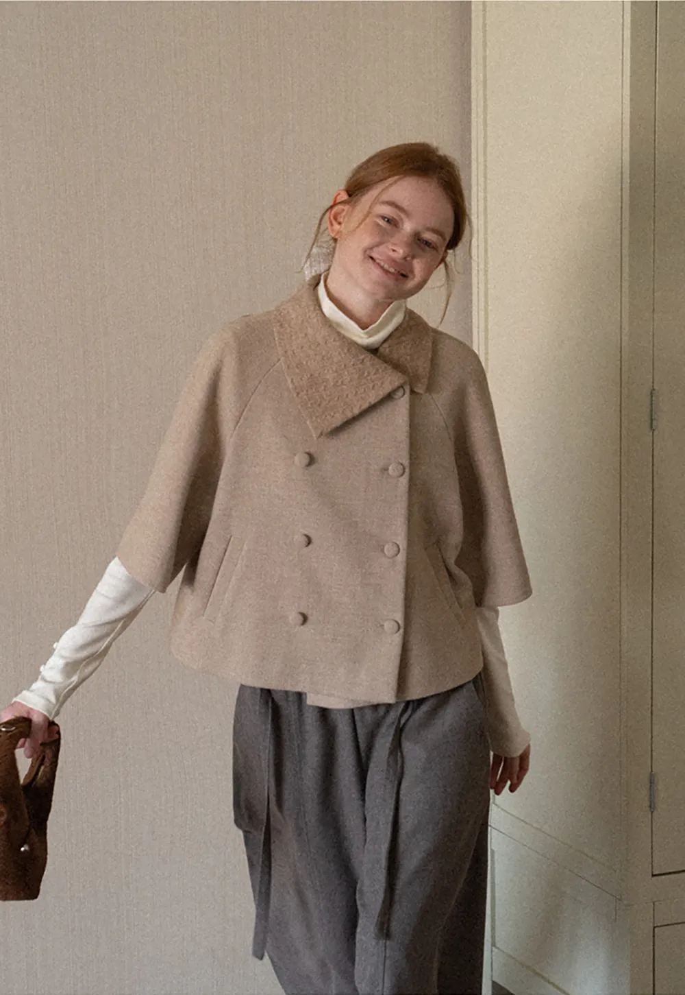 Textured Collar Double Breasted Short Jacket