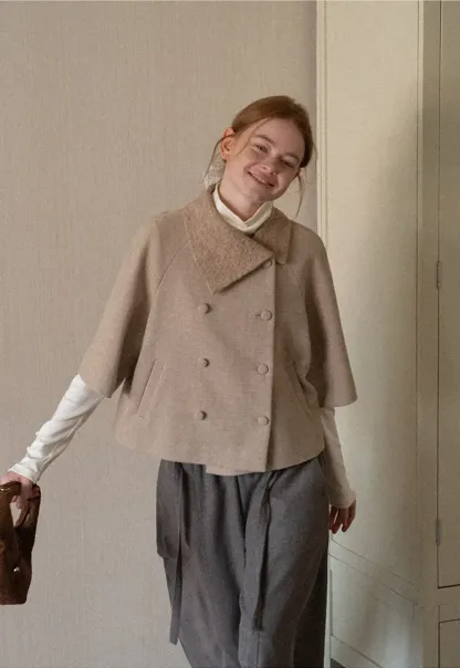 Textured Collar Double Breasted Short Jacket