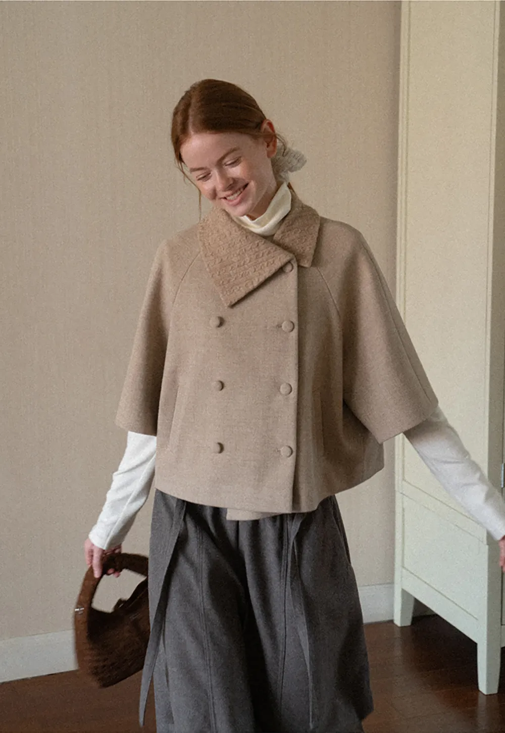 Textured Collar Double Breasted Short Jacket