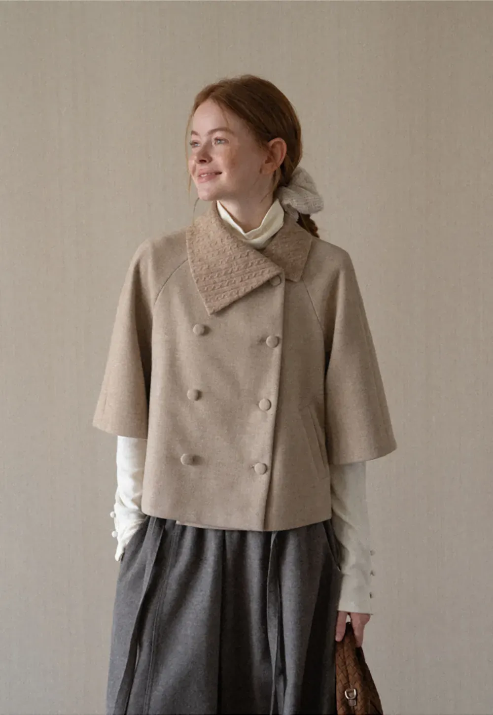 Textured Collar Double Breasted Short Jacket