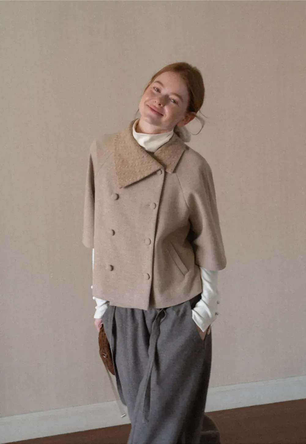 Textured Collar Double Breasted Short Jacket