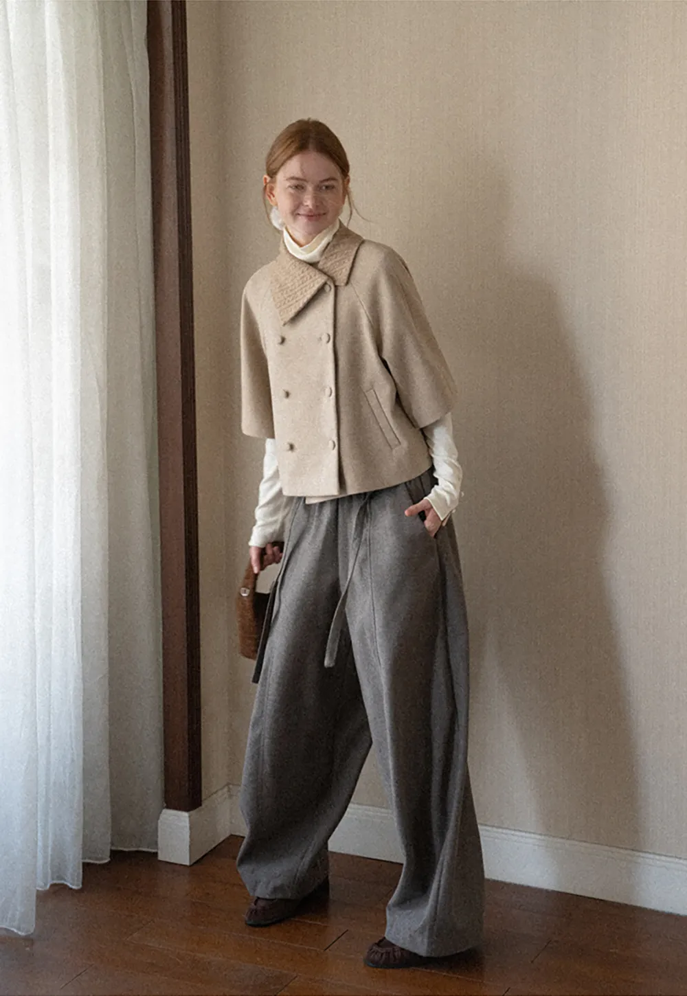 Textured Collar Double Breasted Short Jacket
