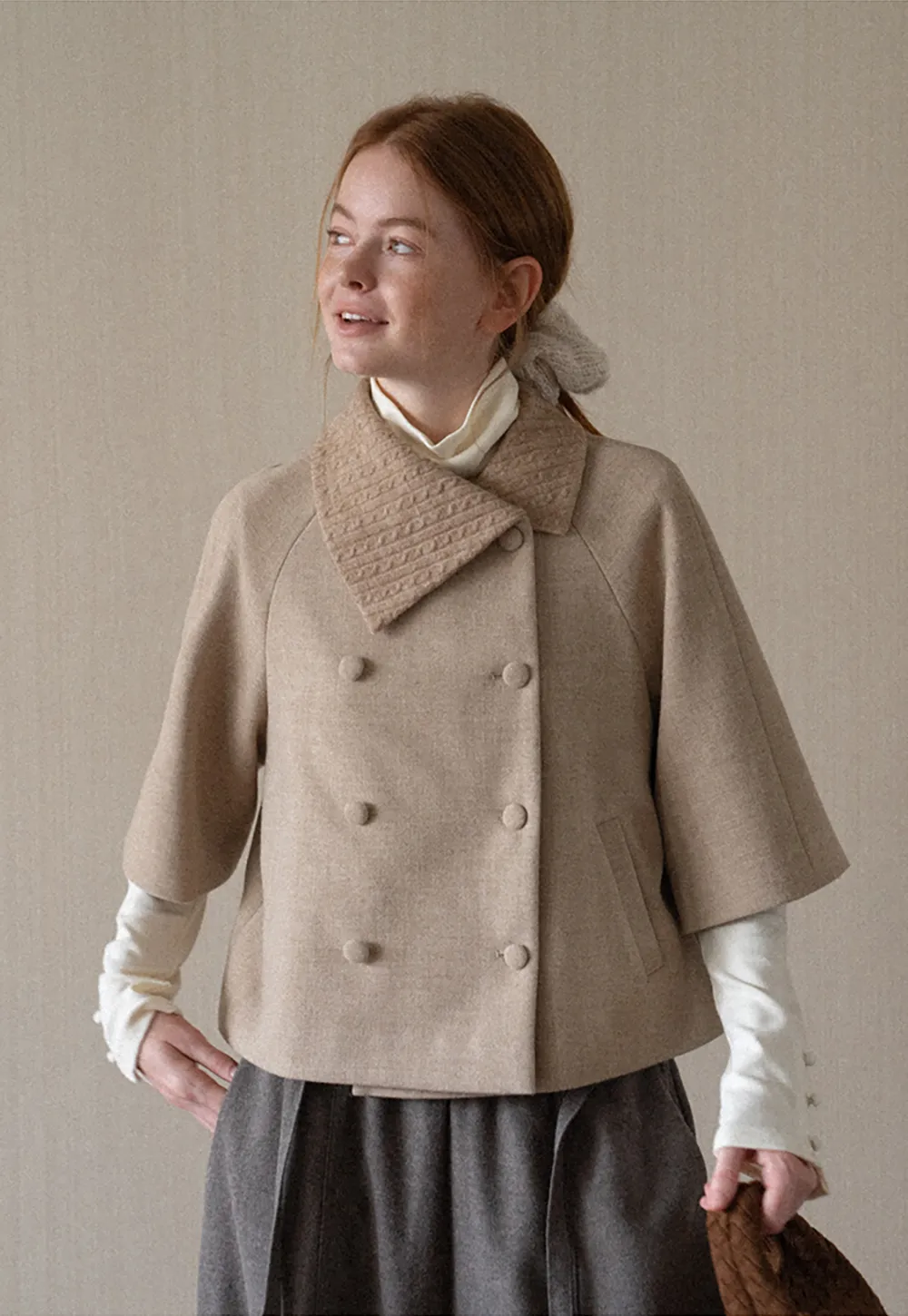 Textured Collar Double Breasted Short Jacket