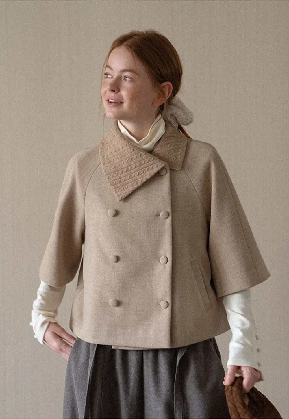 Textured Collar Double Breasted Short Jacket