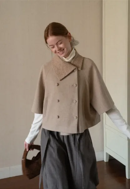 Textured Collar Double Breasted Short Jacket