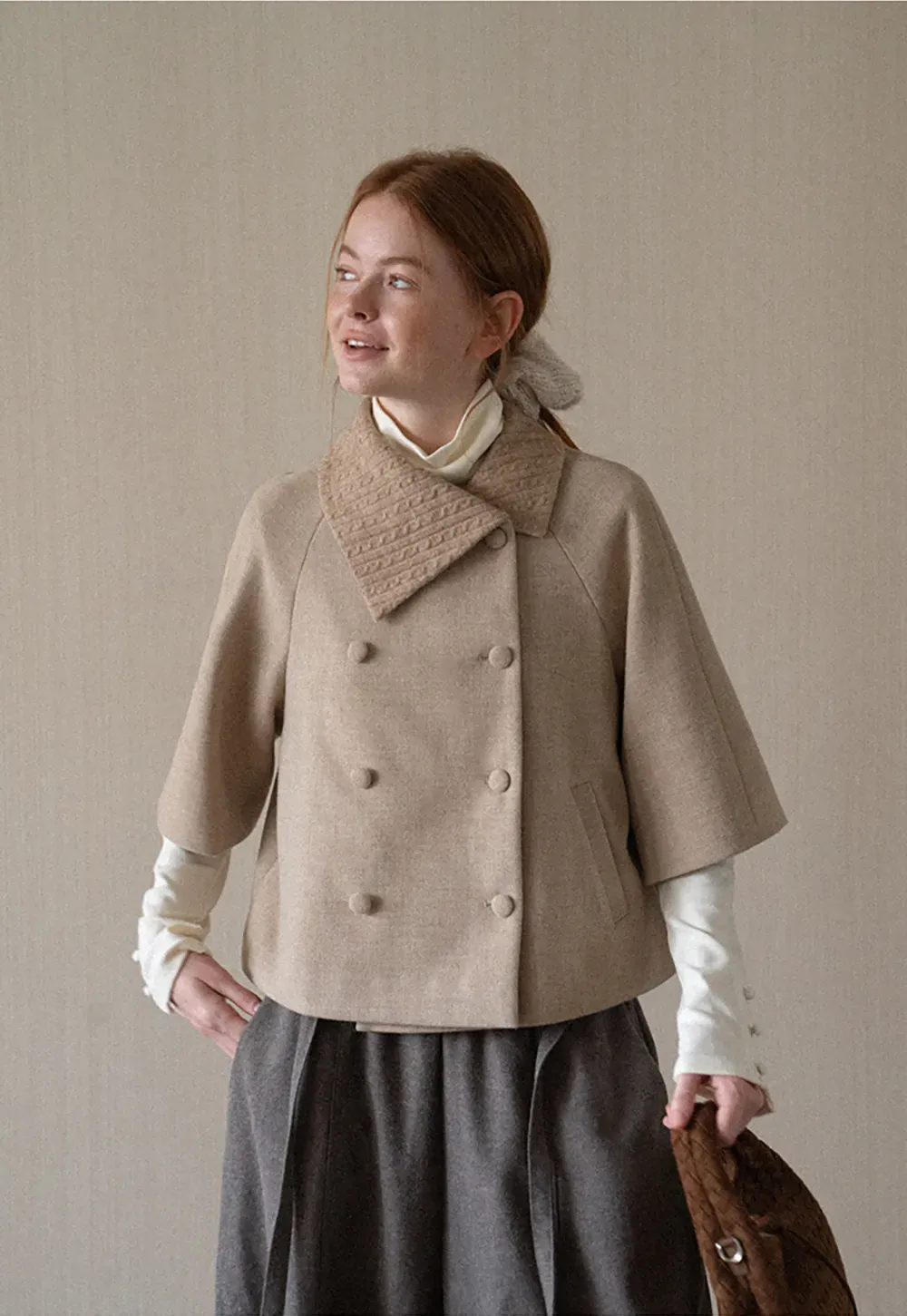 Textured Collar Double Breasted Short Jacket