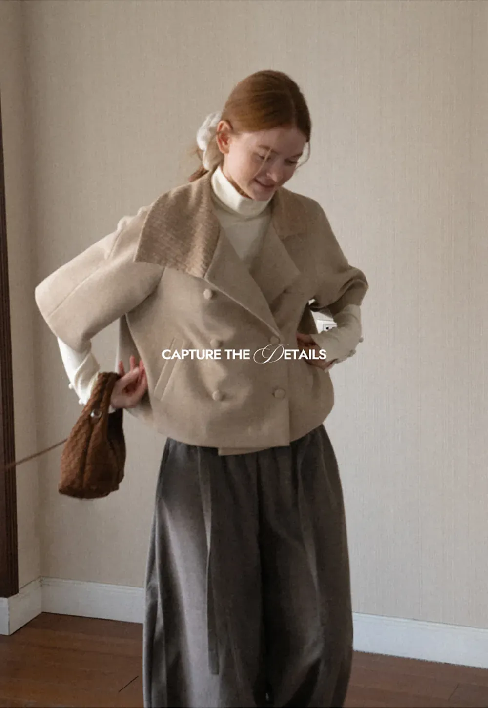Textured Collar Double Breasted Short Jacket