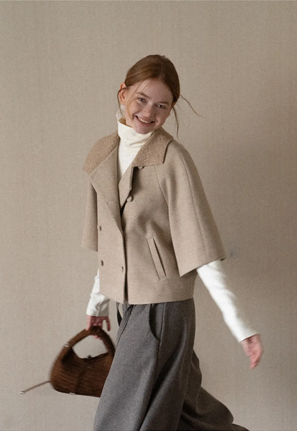 Textured Collar Double Breasted Short Jacket