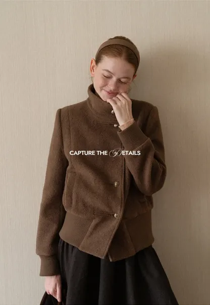 High Collar Button Front Cropped Short Jacket