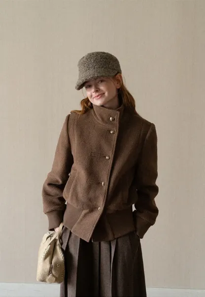 High Collar Button Front Cropped Short Jacket