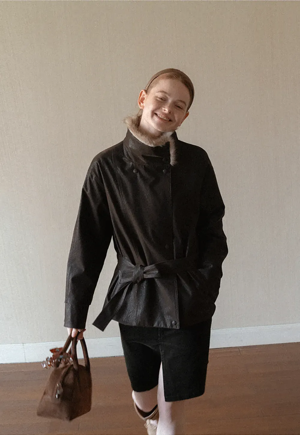 Faux Fur Collar Belted Short Jacket