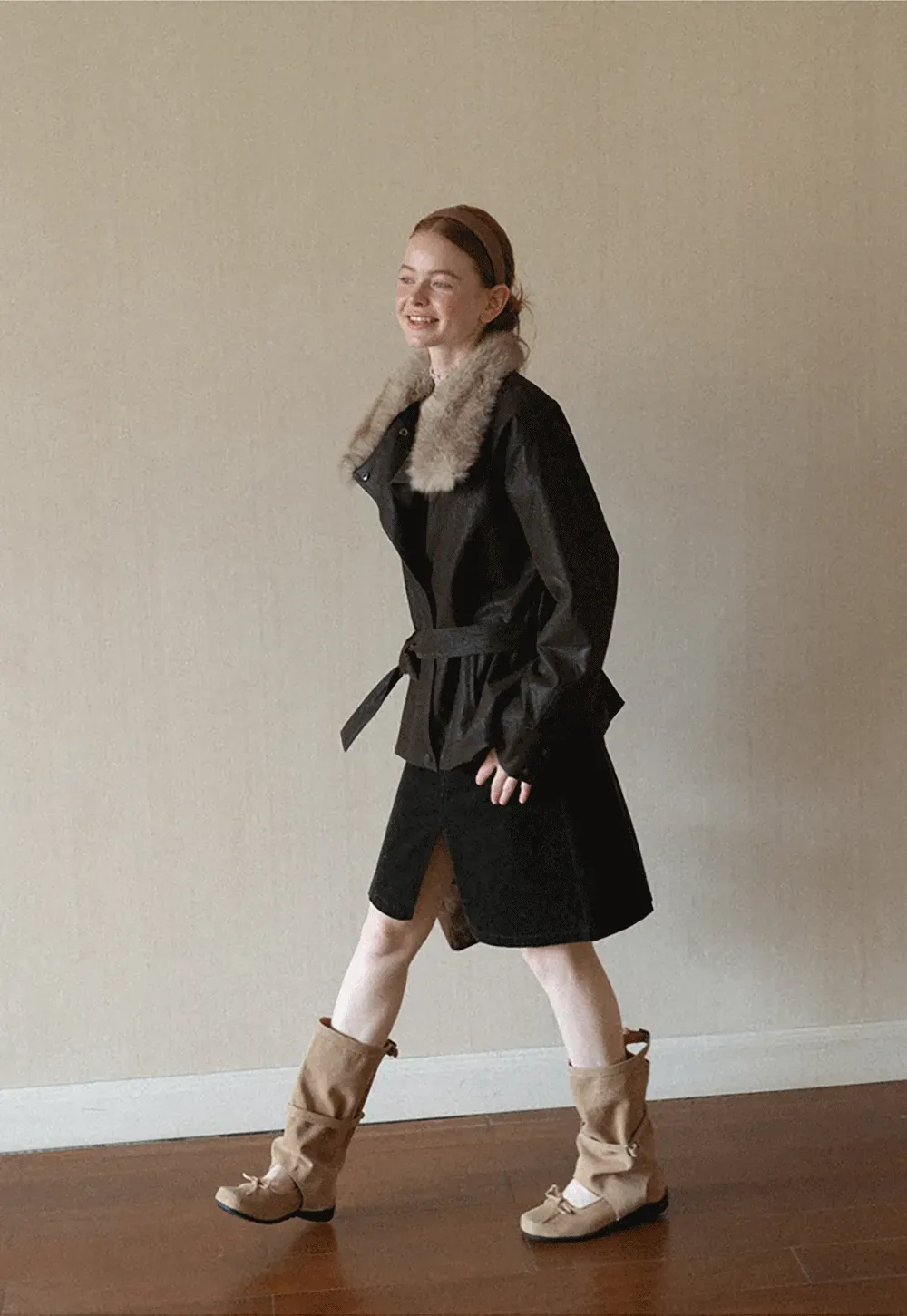 Faux Fur Collar Belted Short Jacket