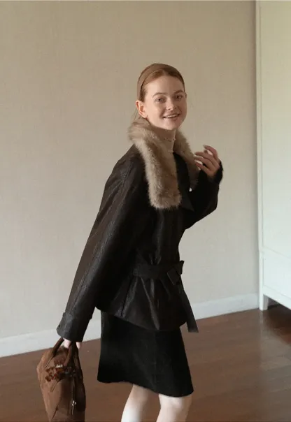Faux Fur Collar Belted Short Jacket