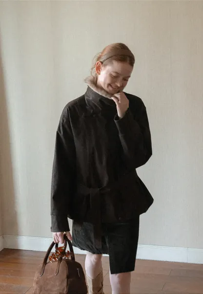 Faux Fur Collar Belted Short Jacket